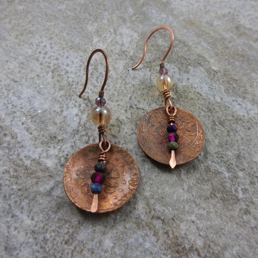 Etched copper disk earrings